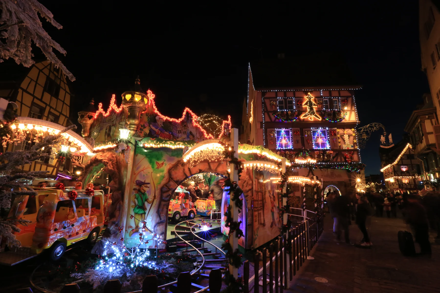 Illuminated half-timbered houses at the Christmas market in Colmar