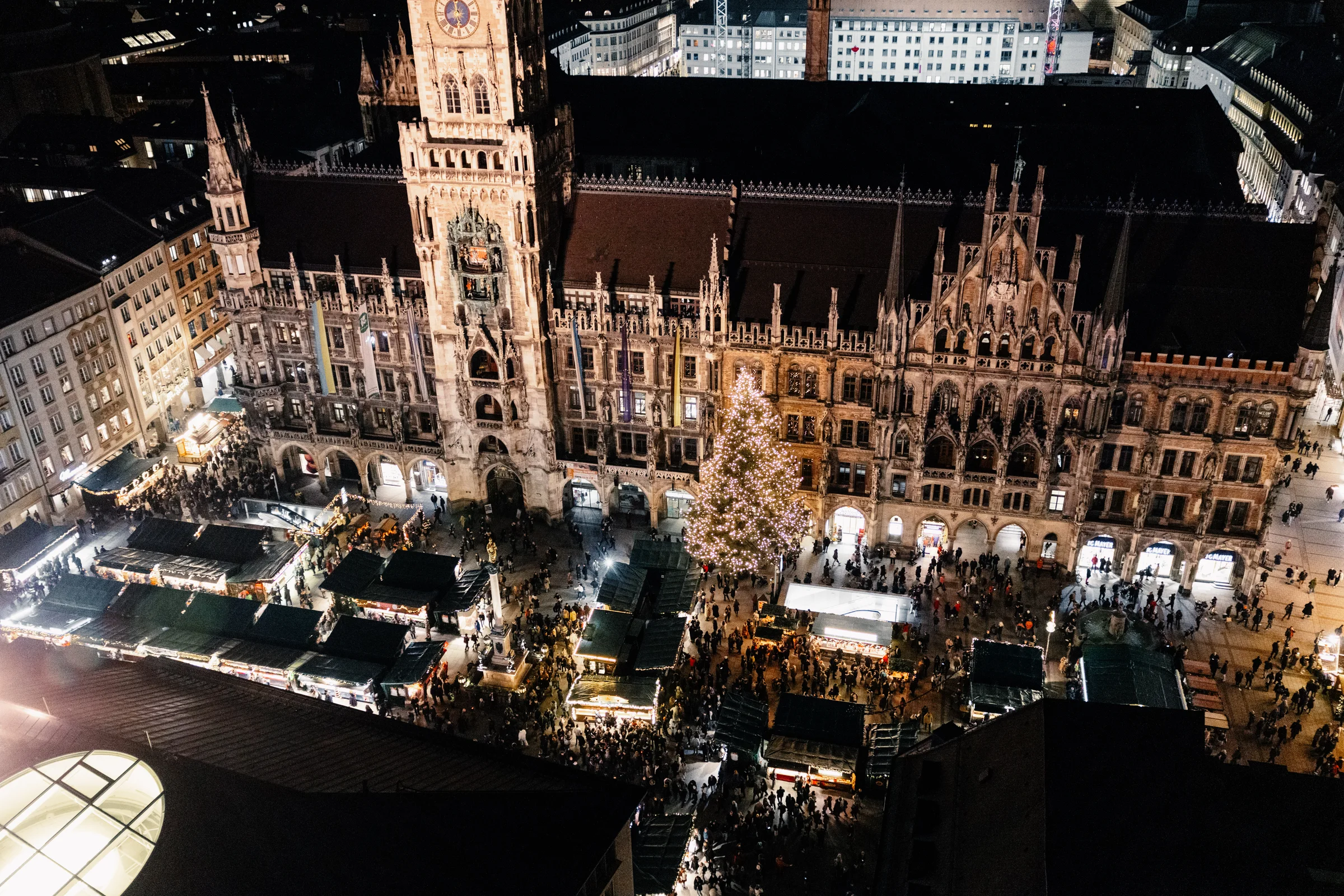 Munich’s Christmas market glowing beneath the illuminated town hall